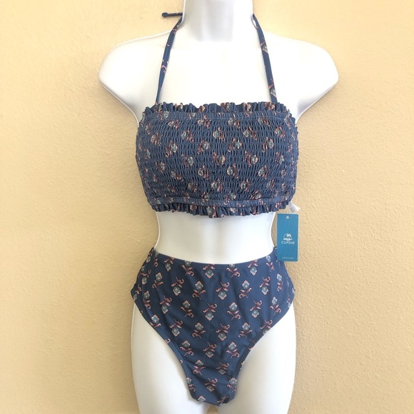 Cupshe Ditsy Floral Smocked Halter Tie Back Bandeau & Mid Rise Bikini Set Size M - Picture 1 of 14